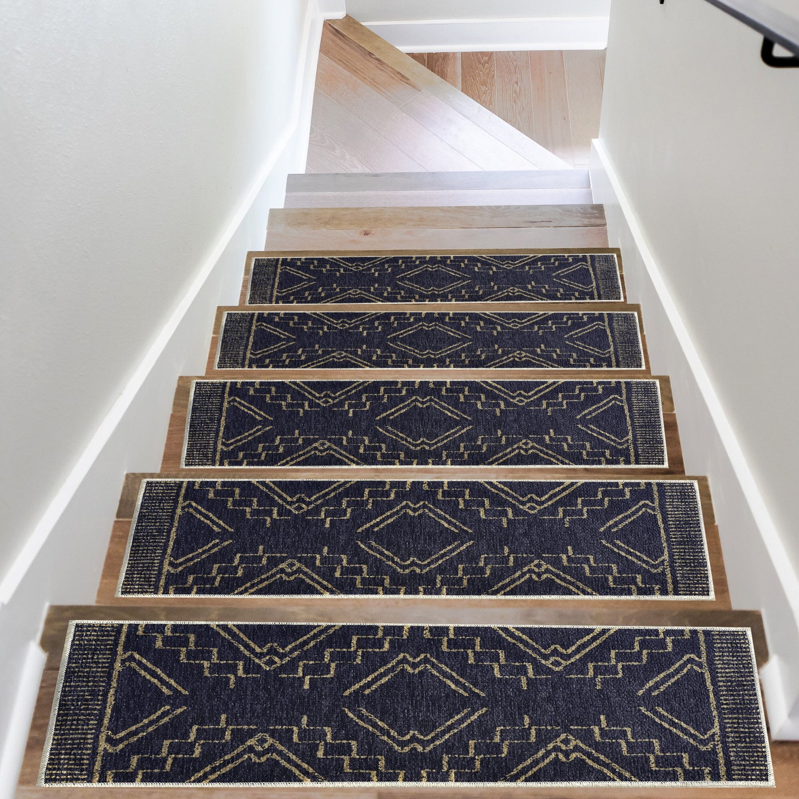 Geometric Stair Treads Rug Navy Blue Stair Carpet Nonslip Etsy