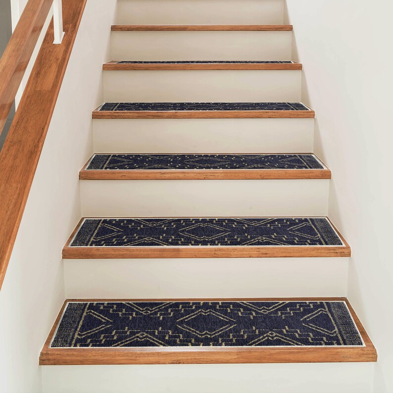 Geometric Stair Treads Rug Navy Blue Stair Carpet Nonslip Etsy