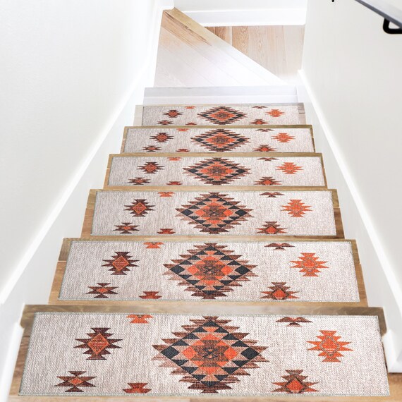 Moroccan Design Stair Rug, White Stair Treads Carpet, Non-slip