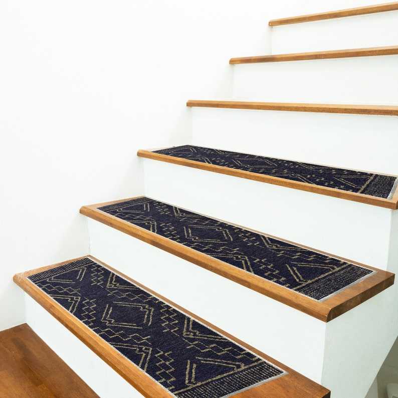 Geometric Stair Treads Rug Navy Blue Stair Carpet Nonslip Etsy