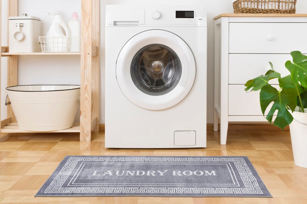 Gray Laundry Room Runner Rug, Nonslip Laundry Floor Mat, Modern Ultra