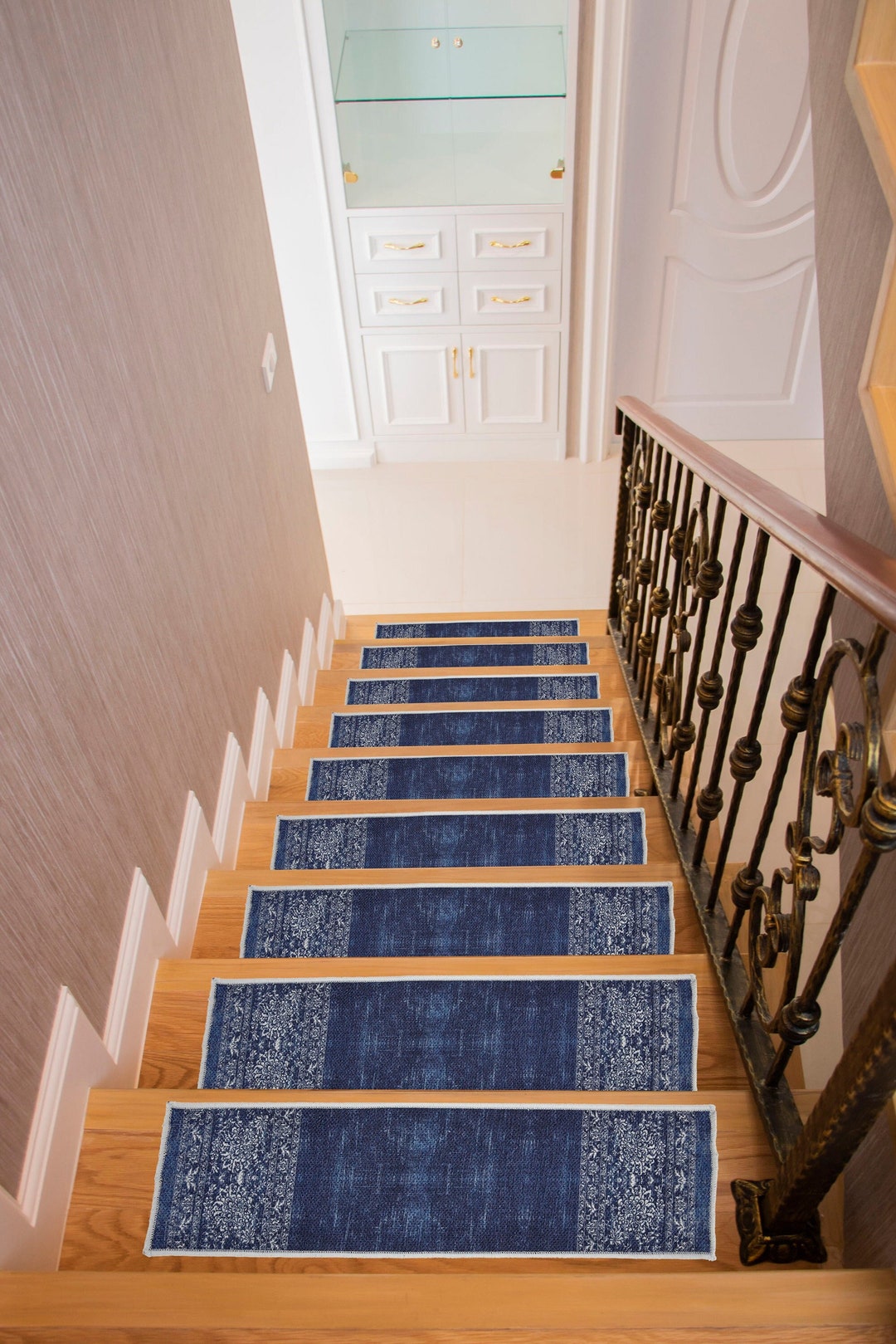 Navy Blue Stair Treads Rug, Primitive Stair Carpet, Decorative Stair