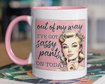 Funny Retro Coffee Mug: 'Sassy Pants' Design, Pink Accent