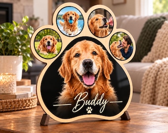 Custom Pet Photo Paw Plaque, Personalized Dog or Cat Portrait, Pet Memorial Gift, Wood & Acrylic Paw Print Sign