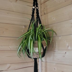 Sustainable Black Macrame Plant Hanger: Recycled Cord, Wood Beads