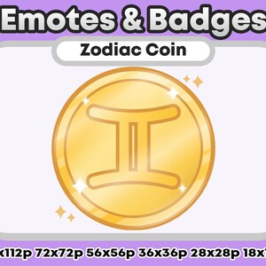 May include: A gold coin with a Gemini zodiac symbol in the center. The coin has a shiny, metallic finish and is surrounded by a white background.