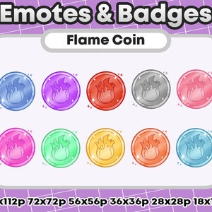 Puede incluir: Un conjunto de nueve insignias digitales que presentan un diseño de llama en varios colores, incluidos azul, morado, rojo, gris, rosa, verde, amarillo, naranja y azul claro. Las insignias tienen diferentes tamaños, que van desde 112 píxeles hasta 18 píxeles. El texto "Flame Coin" se muestra encima de las insignias.