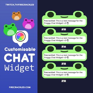 Op de afbeelding: Een aanpasbare chatwidget met een groen kikkerontwerp. De widget bevat een kleurrijk wiel en de tekst "firecrackled: This is a test message for the Froggy Chat Widget! <3".