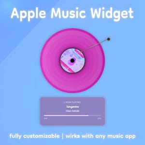 May include: A digital Apple Music Widget design on a blue background. The widget features a pink vinyl record design with a needle and a purple rectangle displaying the song "Tangerine" by Glass Animals. The text "Apple Music Widget" is at the top.