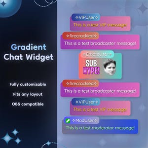 Può includere: Grafica digitale che mostra un "Gradient Chat Widget" con funzioni personalizzabili e compatibilità OBS. L'immagine mostra esempi di messaggi di chat in riquadri colorati, inclusi messaggi "VIPUser" e "firecrackled".