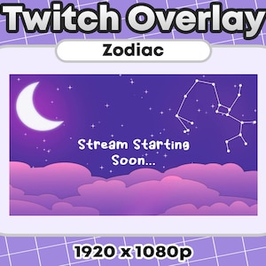 Animated Star and Moon Lofi Twitch Overlays Scenes, Wallpaper - Zodiac Sagittarius - Starting Soon, Be Right Back, Stream Ending, Offline
