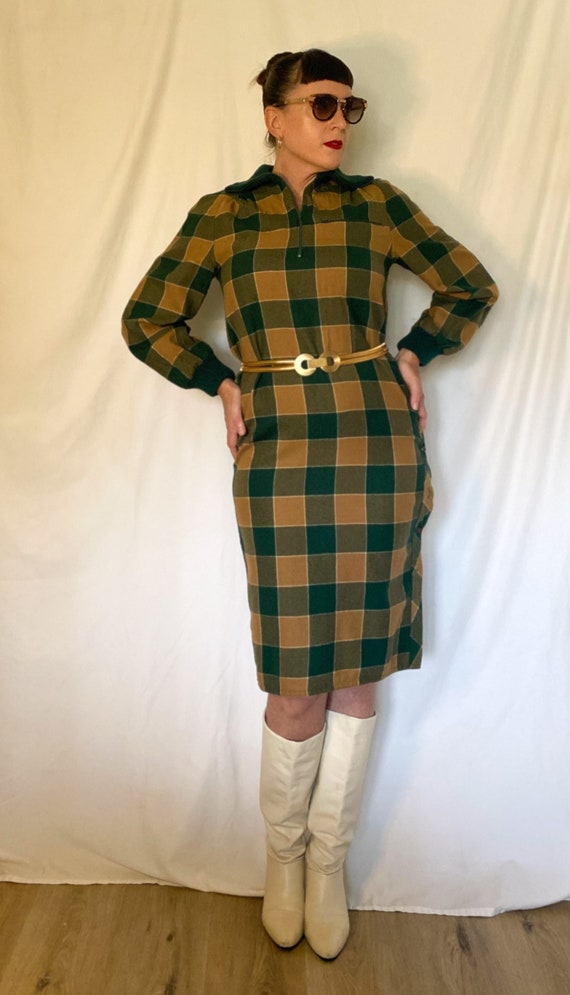 Vintage Green & Beige Checkered Sweater Dress - image 1