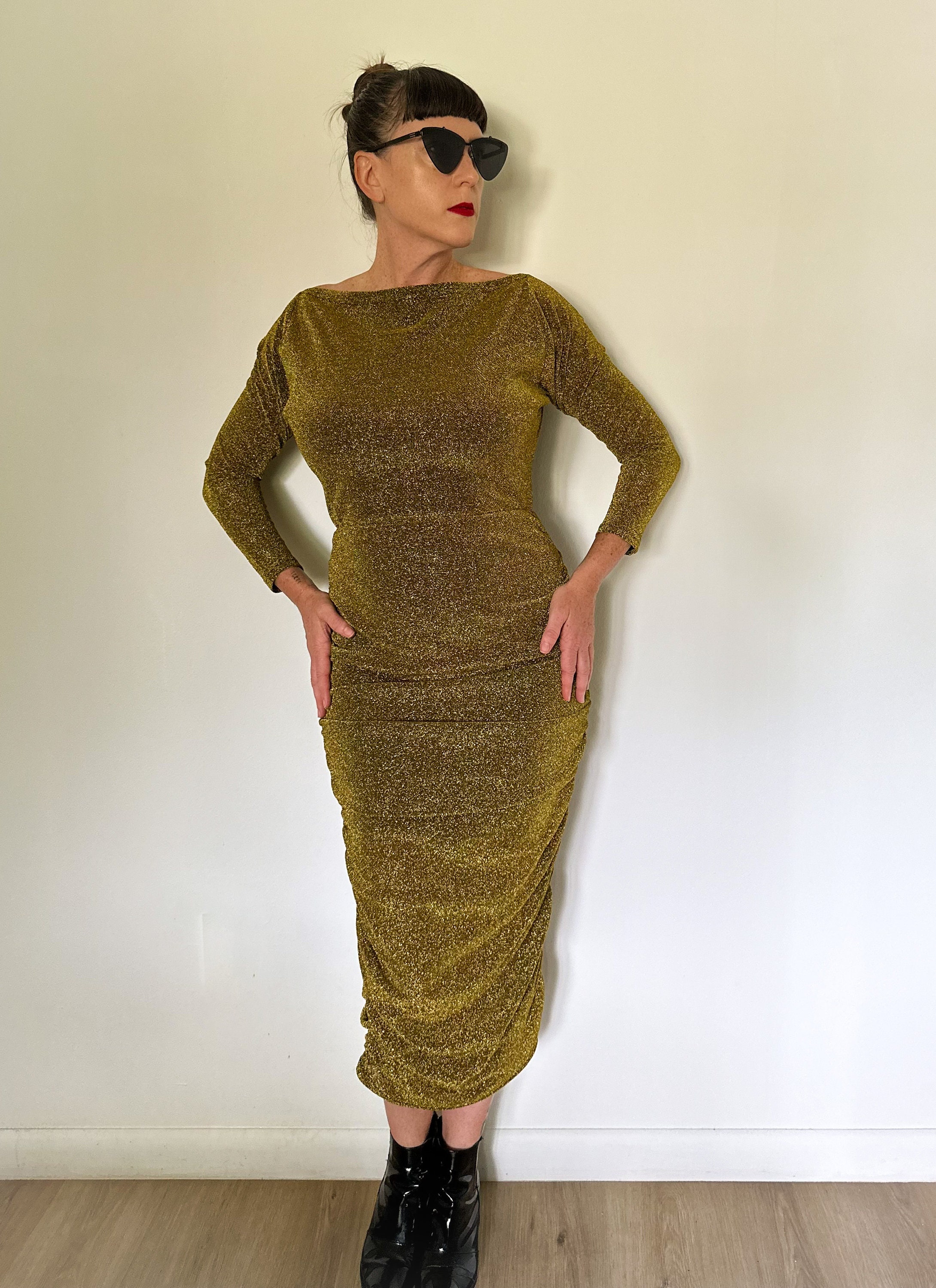 Gold & Black Shimmery Ruched Dress - Etsy