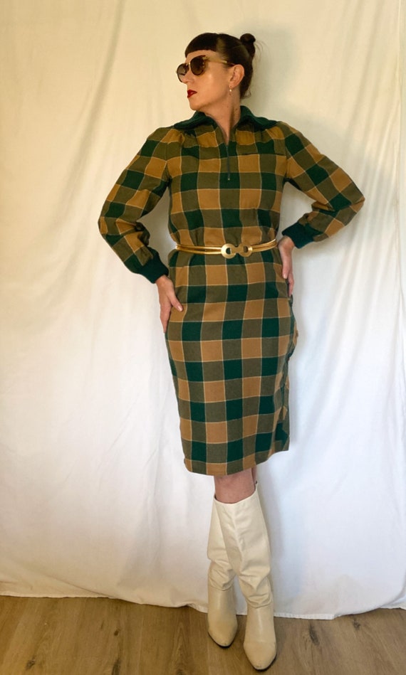 Vintage Green & Beige Checkered Sweater Dress - image 2