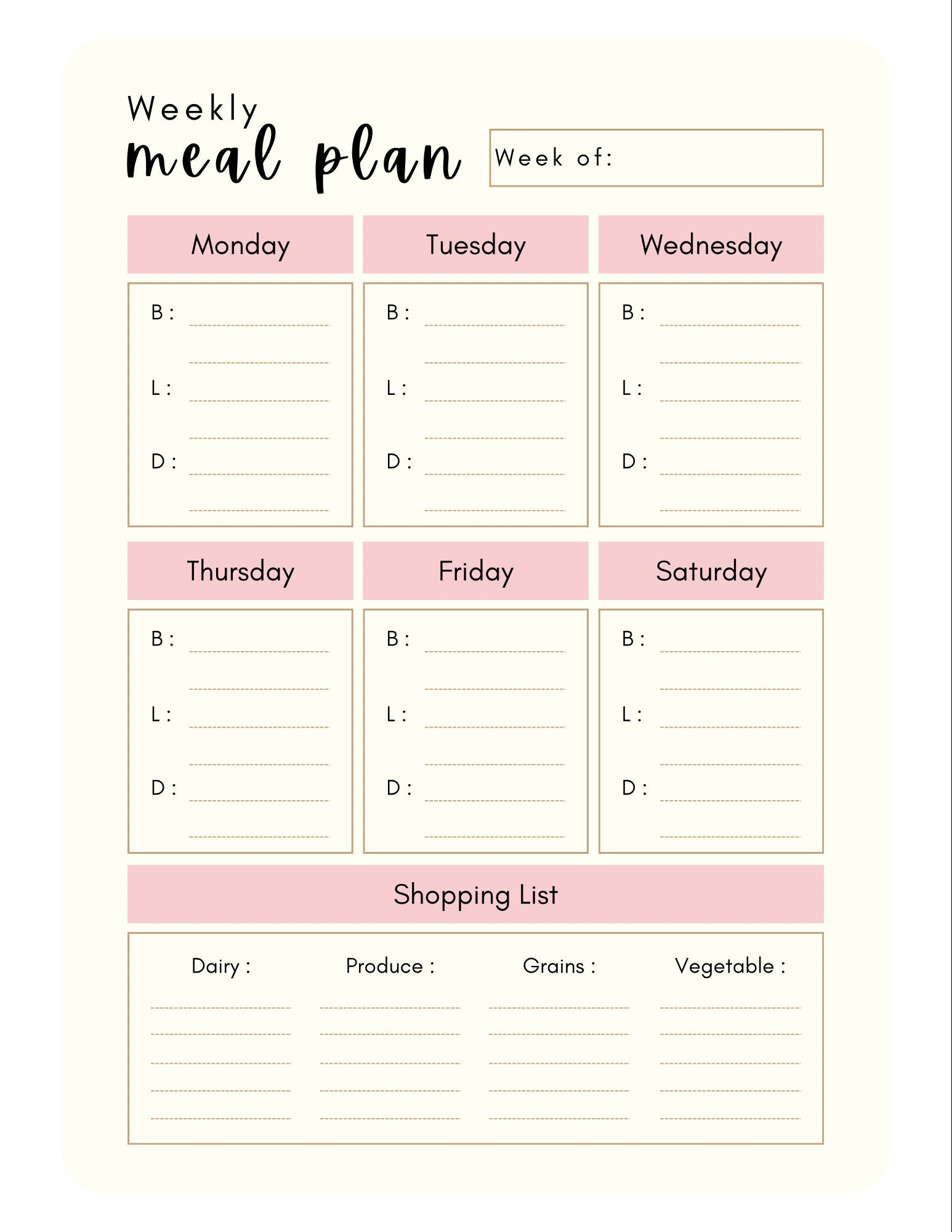 Weekly Meal Planner Template, Pink - Etsy