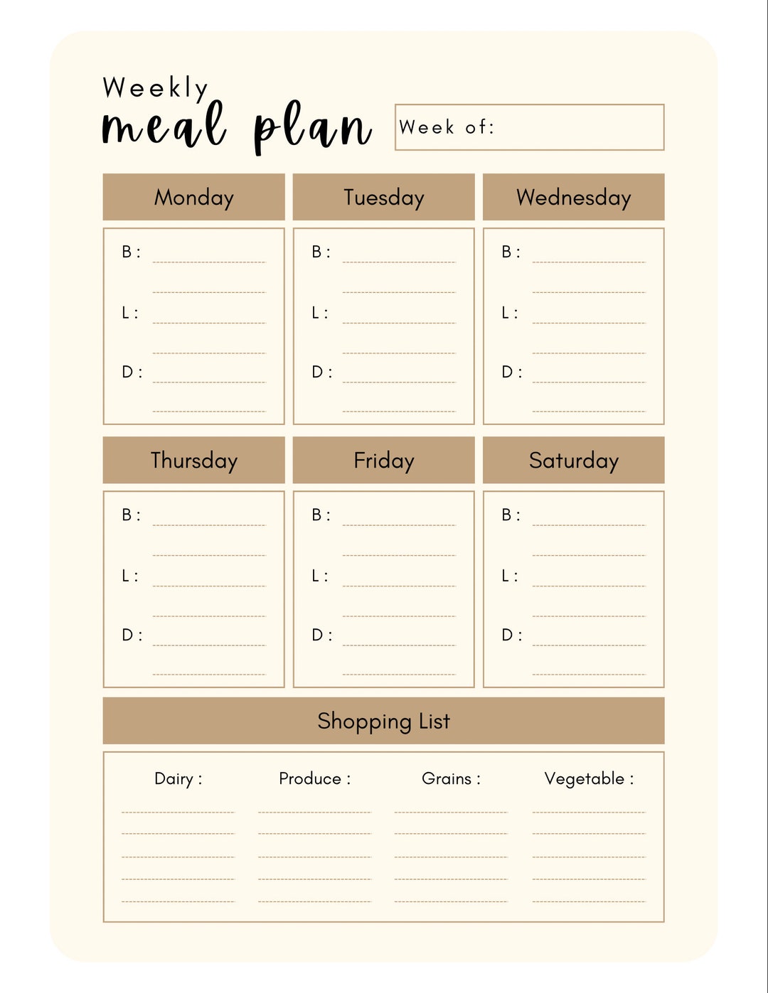 Weekly Meal Planner Template, Tan - Etsy