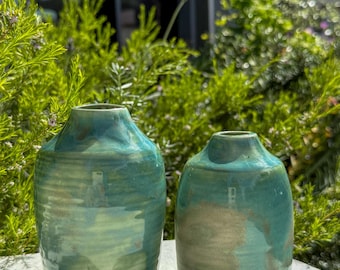 Set of 2 Handmade Drip Glaze Vases | Modern Earth Tone Ceramic Bud Vases