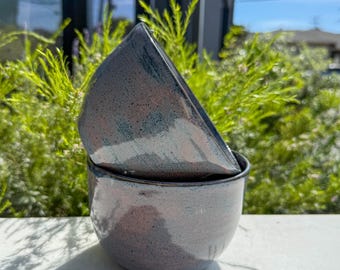 Handmade Speckled Ceramic Bowls | Blue Pink Glaze Stoneware Nesting Set