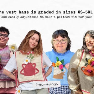 May include: Three people wearing crocheted vests with different designs. The vests are all white with different colored accents. The vests have flowers and other designs on them. The text 'WOOL & BUGGERS' is visible on the bottom of the image.