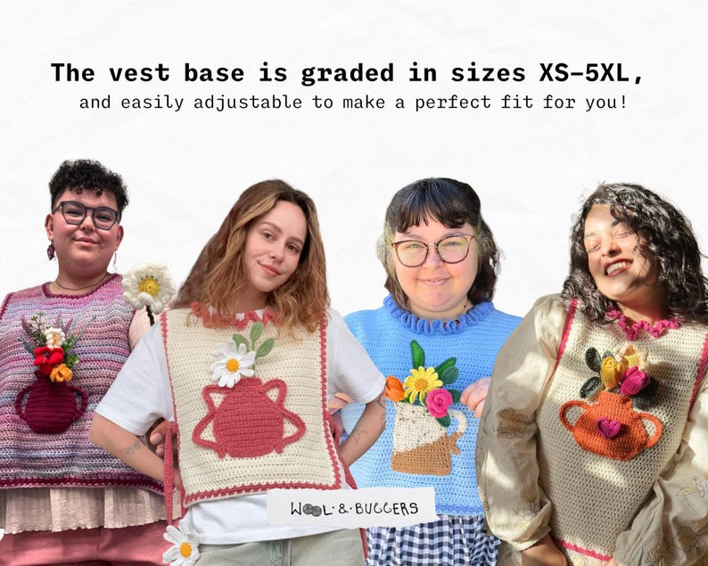 May include: Three people wearing crocheted vests with different designs. The vests are all white with different colored accents. The vests have flowers and other designs on them. The text 'WOOL & BUGGERS' is visible on the bottom of the image.