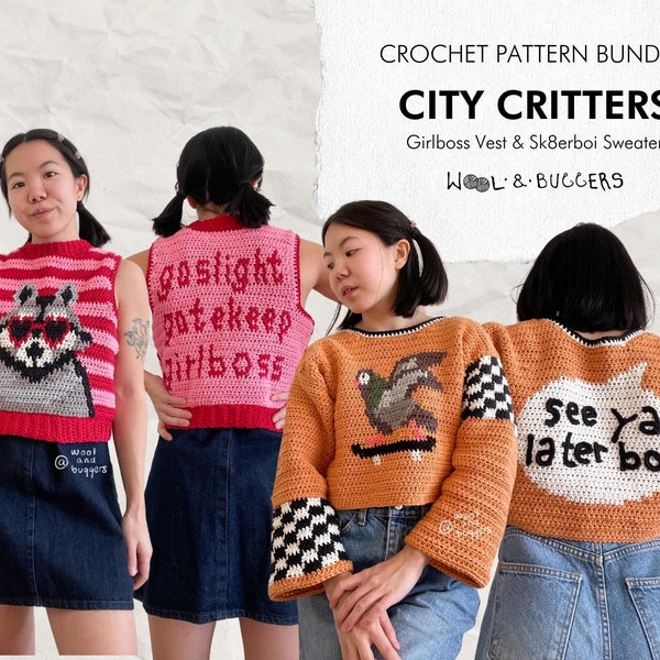CITY CRITTERS Crochet Pattern Bundle – Sk8erboi Sweater and Girlboss Vest ** PDF only **
