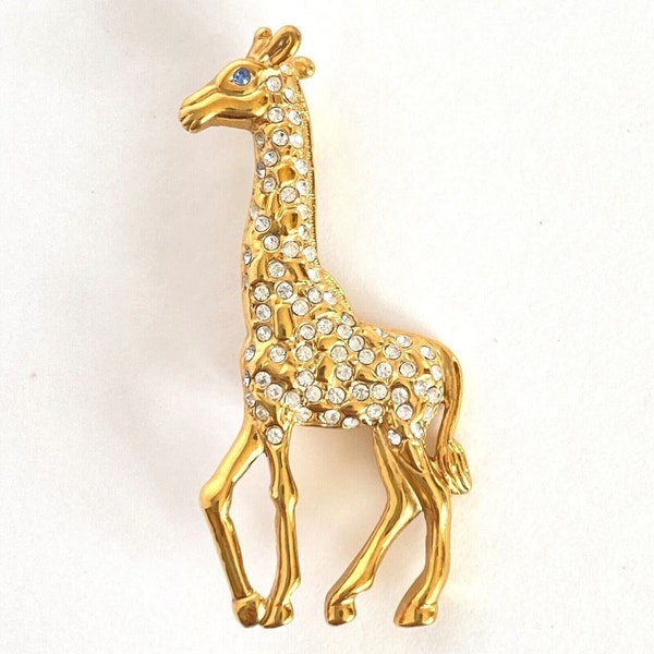 1999 Vintage P.S. Co. Rhinestone Giraffe Brooch Pin Gold Tone Blue Eye 2” Tall