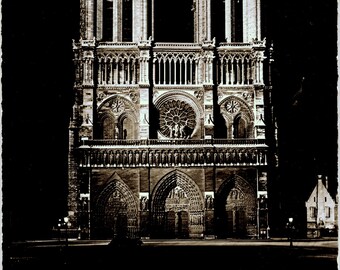 Paris Notre Dame Church RPPC Postcard Real Photo Illuminated at Night Estel