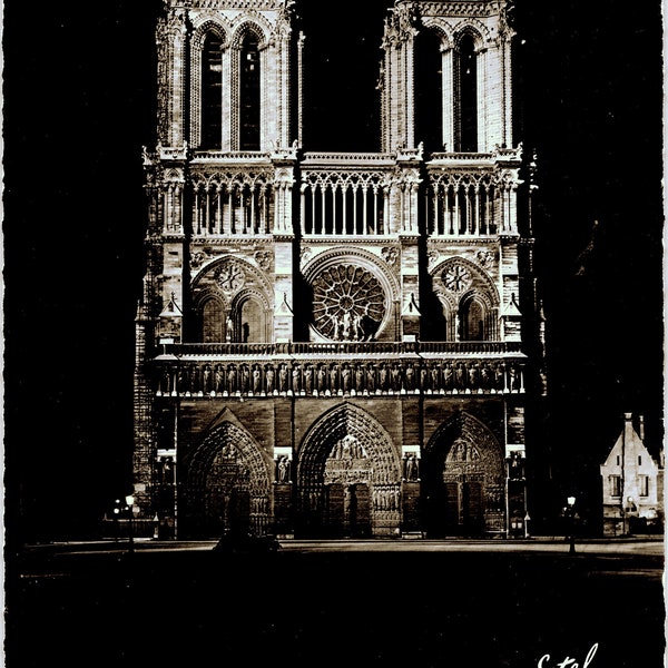 Paris Notre Dame Church RPPC Postcard Real Photo Illuminated at Night Estel