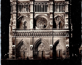 Paris Notre Dame Church RPPC Postcard Real Photograph Façade Illuminated at Night Chantal