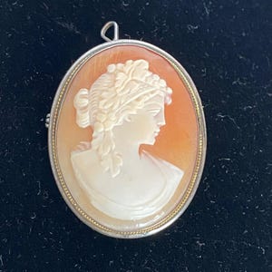 彫刻されたシェルカメオギリシャデザイン925スターリングシルバーヴィンテージコンバーチブルブローチペンダント