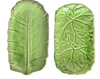 Juego de 2 platos pequeños de Hinode Green Nippon Ware con diseño de hojas, estilo vintage.
