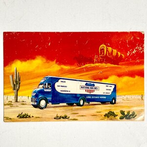 May include: Vintage advertisement for National Van Lines, featuring a blue and white moving truck driving through a desert landscape. The background shows a red sky, a covered wagon, and cacti. Text includes city names and "Long Distance Moving."