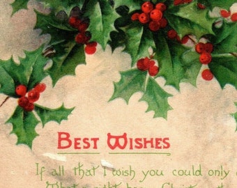 1915 Christmas Greeting Best Wishes Postcard Holly Berries Gibson Lines Art Pub