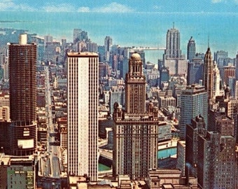 Vintage Aerial View State Street Chicago Skyline IL Panorama Chrome Postcard