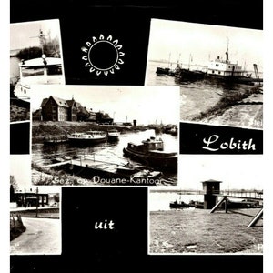 Puede incluir: Un collage de fotos en blanco y negro de una ciudad llamada Lobith, Alemania. El collage incluye imágenes de barcos, un edificio y un cartel que dice "Lobith".