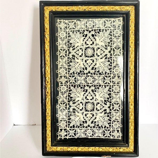 Antique Delicate White Lace Ornate Black Gold Frame Ready to Hang 16x10in READ