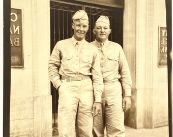 1942 Vintage WWII Military Men in Uniform Sepia Snapshot Photo 3.5"x2.5"