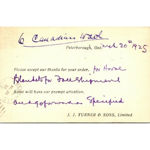 1925 JJ Turner & Sons Gracias Postal Mantas de lana Orden Peterborough Canadá Parte posterior indivisa