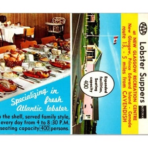 Vintage PEI New Glasgow Recreation Ctr Lobster Suppers Cartolina panoramica cromata