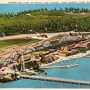 Années 30, vue avion, plage, casino, lac, valeur, fort, valeur, texas, lin, carte postale, 1937, cachet de la poste, 1 cent, timbre, collection, vintage