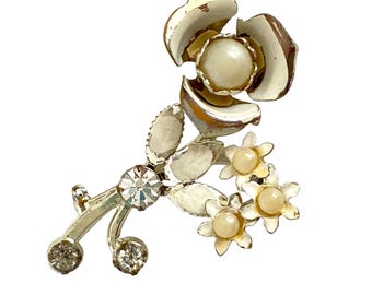 Cream Enamel Flower Brooch Pin Rhinestones Faux Pearls Vintage 2in Long