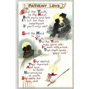 Cartão Postal 1914 Paciente Amor Poema Saudações Art Nouveau Gold Accent BB Londres