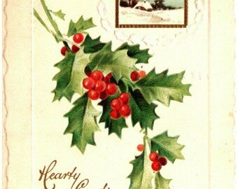 1912 Happy Christmas Embossed Postcard Winter Scene Holly Berries Gold Accents