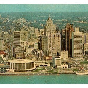 1964 Detroit MI Veduta aerea Civic Center & Skyline Panorama Cartolina cromata