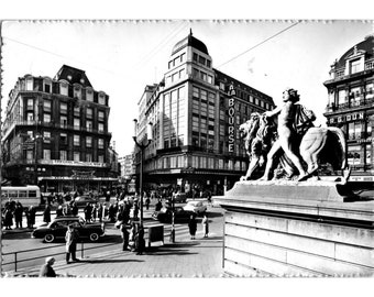 c1960 Brussels Exchange Place RPPC Postcard Real Photo Belgium Cars People Posté Timbres