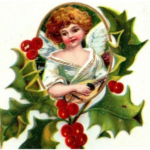 c1908 Cartolina di buon Natale Angelo che suona il mandolino Bacche di agrifoglio in rilievo dalla Germania