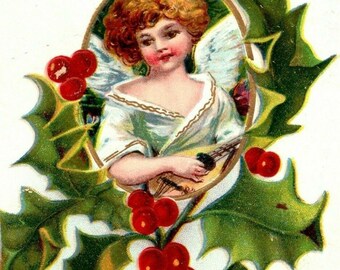c1908 Merry Christmas Postcard Angel Playing Mandolin Holly Berries Embossed from Germany