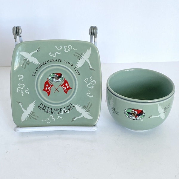 c1973 ROK 7928th MND Unit Commemorative Celadon Tea Cup & Saucer Republic Korea