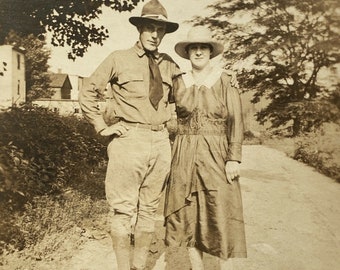 c1930 US Army Military Man in Uniform Woman Outside Sepia Photograph 4.5"x3.5"