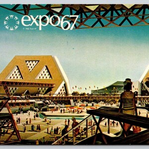 Cartolina ufficiale vintage non pubblicata dei padiglioni tematici dell'uomo di Montreal dell'Expo67 degli anni '60